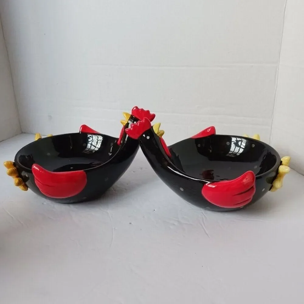 Rooster  2pcs Ceramic Trinket Dish Black White Polka Dots